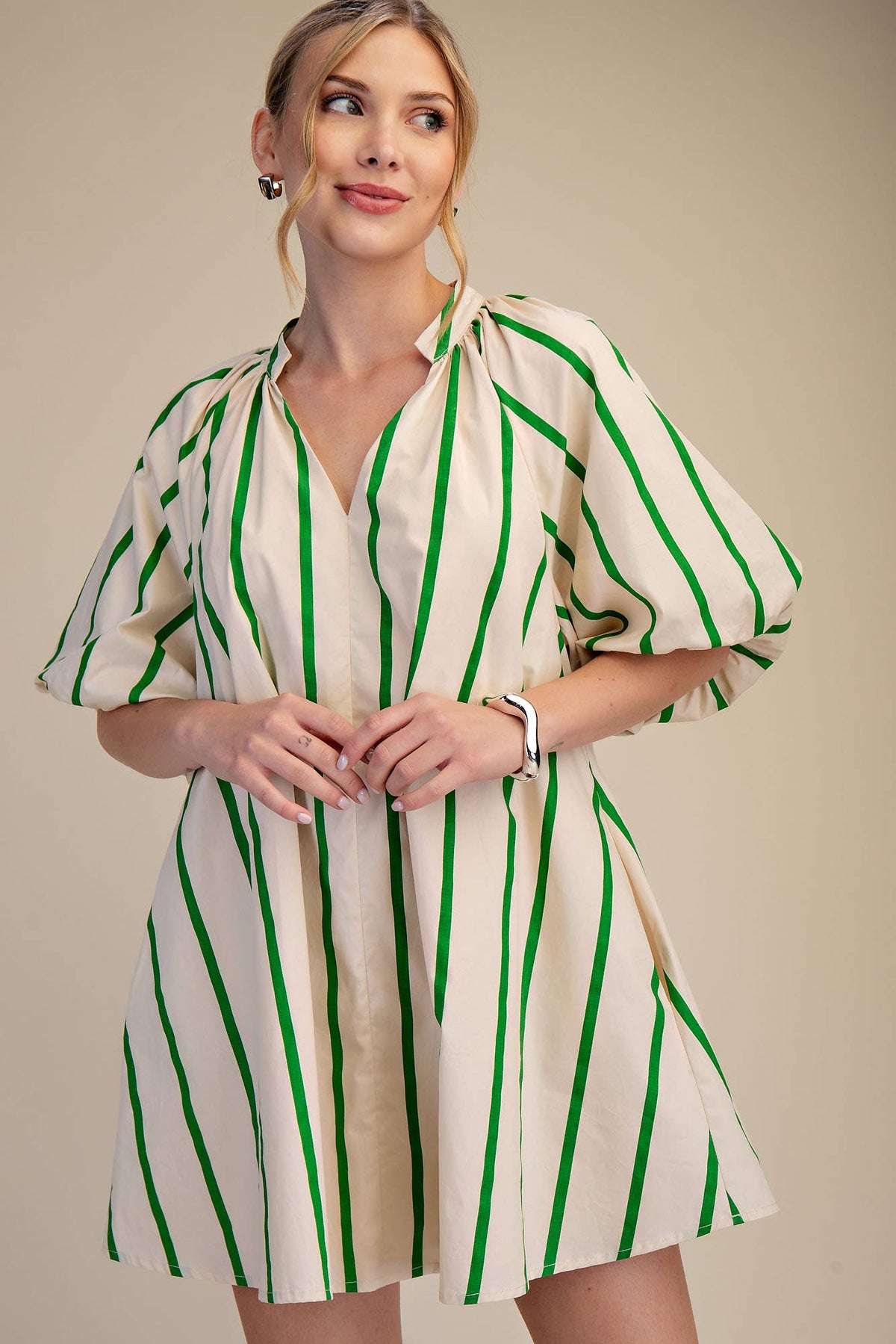 Puff-Sleeve Stripe Mini Shift Dress