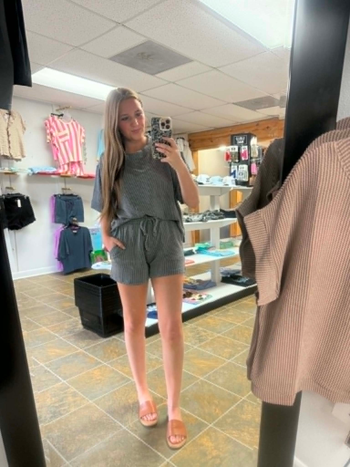 Dark Grey Short Sleeve Ribbed Set