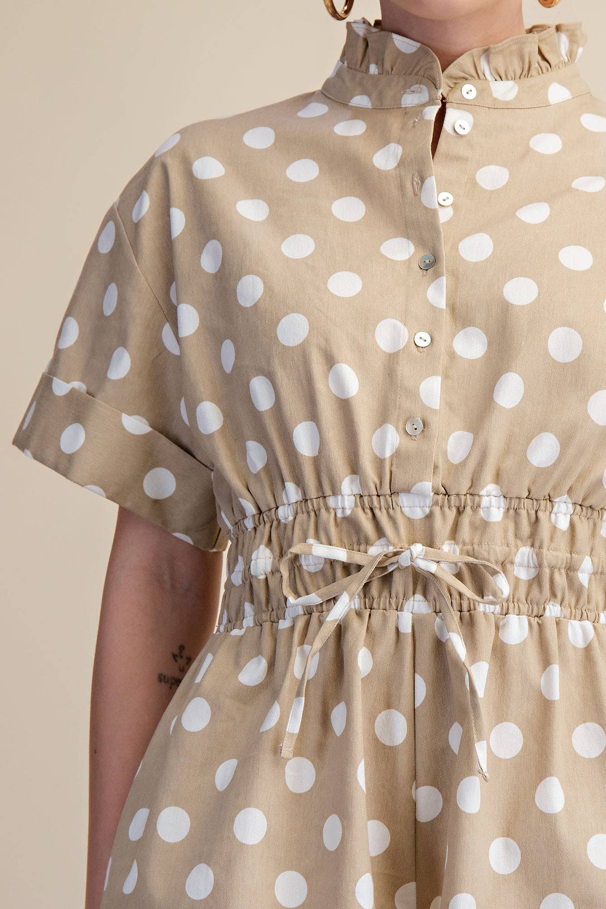 Taupe Neck Button Down Elastic Waist Romper