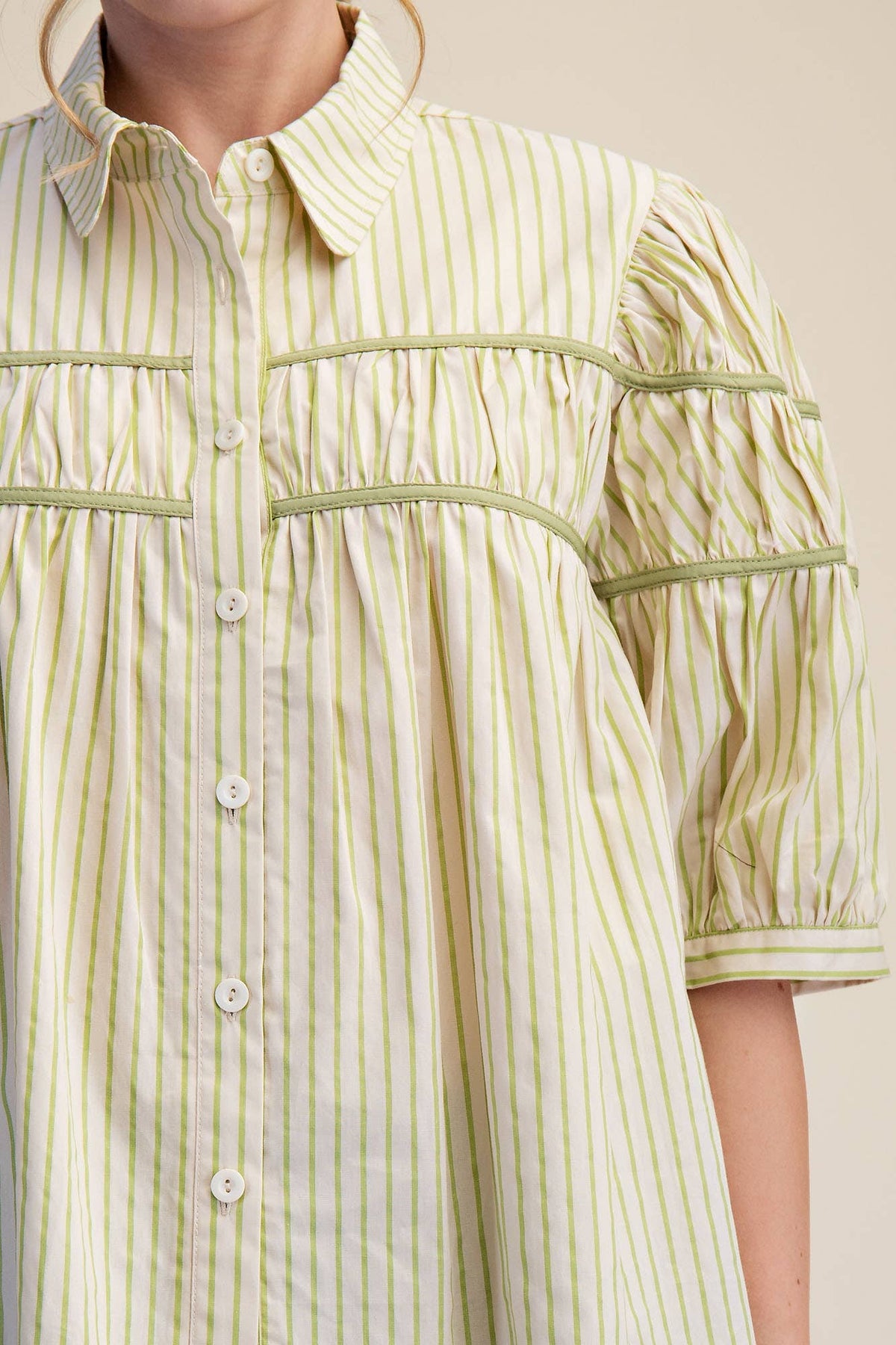 Puff Sleeve Contrast Detail Stripe Shirt Top