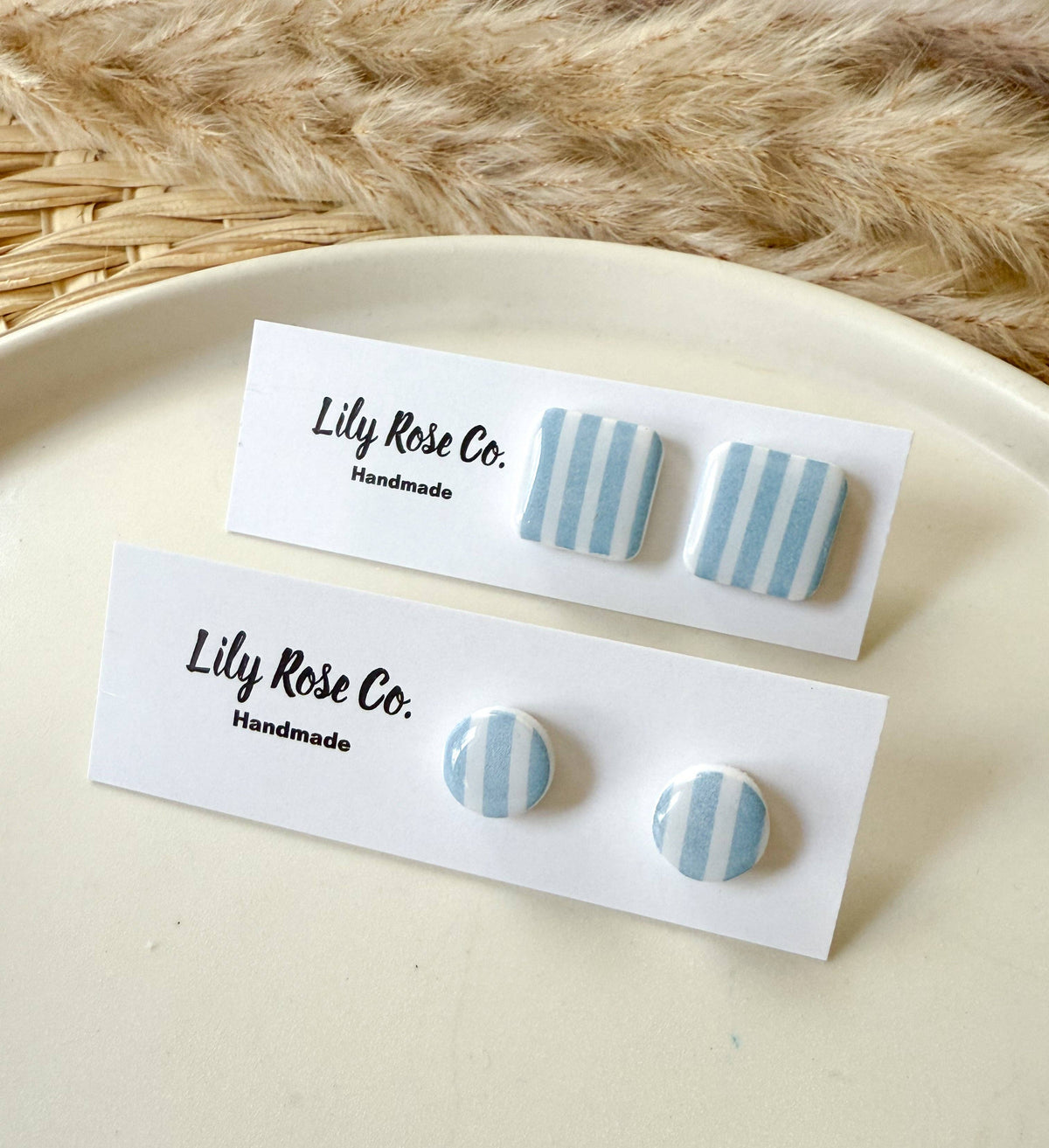 Square Blue stripped stud Earrings / Clay Earrings