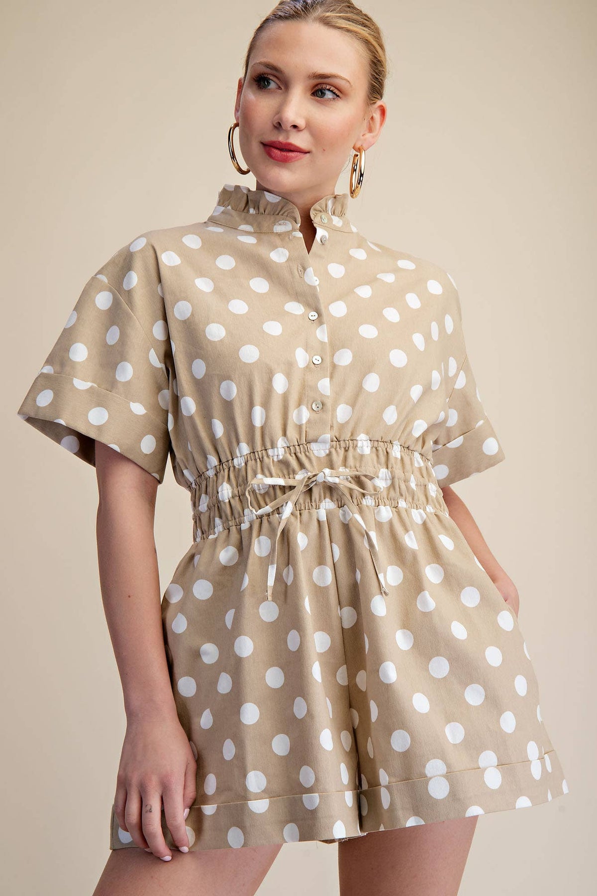 Taupe Neck Button Down Elastic Waist Romper