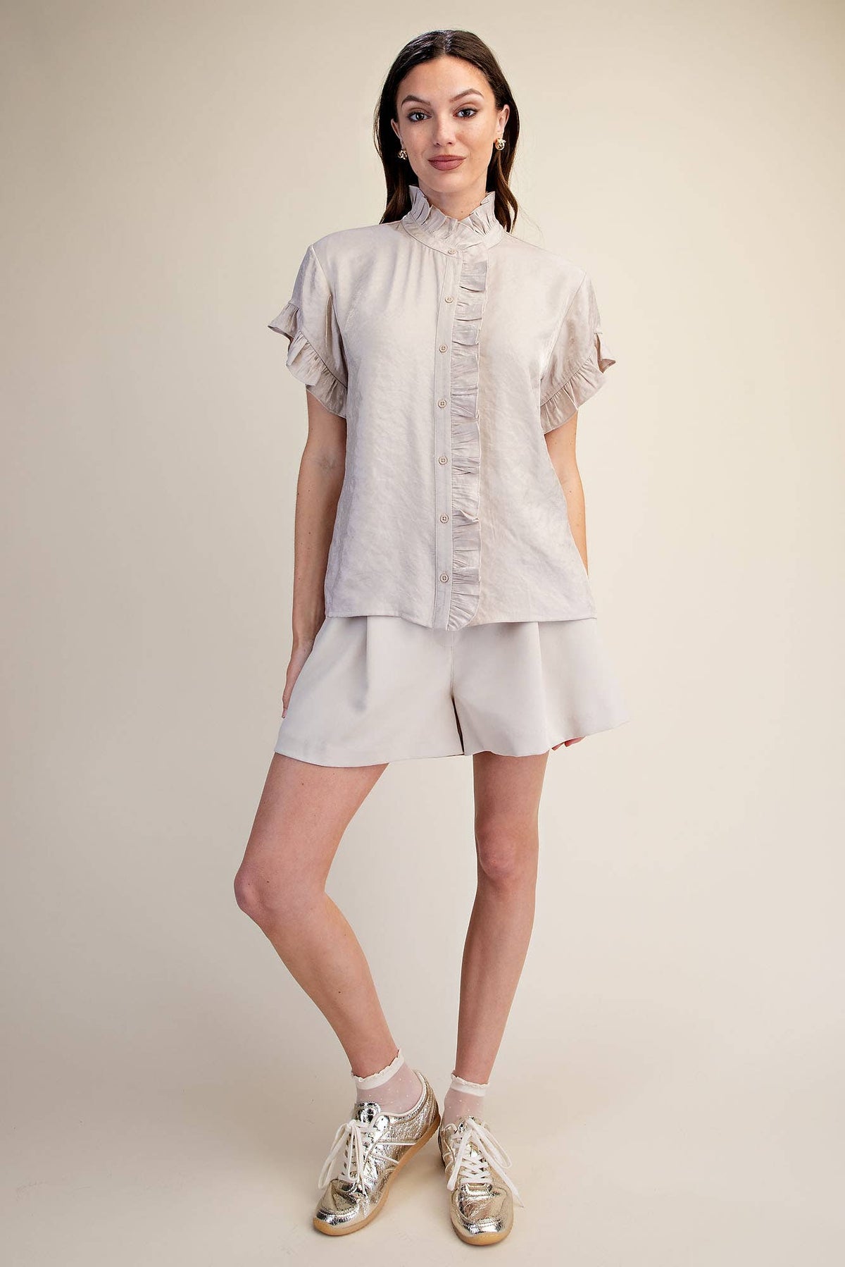 Ruffle Shirt Glitter Fabric Button Down Short Sleeve