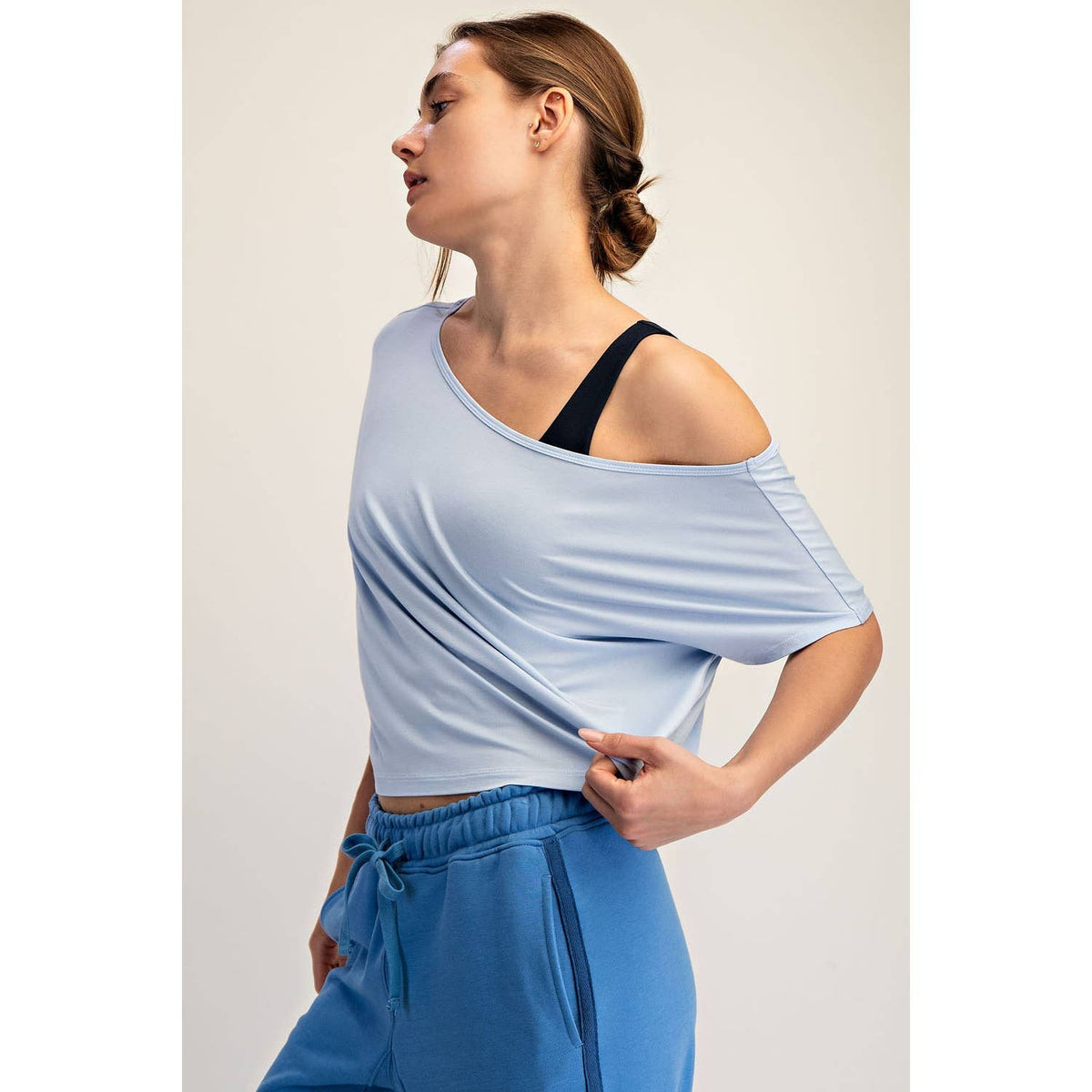 Blue VISCOSE MODAL CROPPED OFF SHOULDER TOP