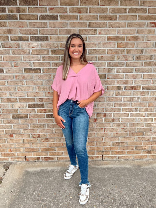 Woven Airflow Collared V-neck Short Sleeve Top