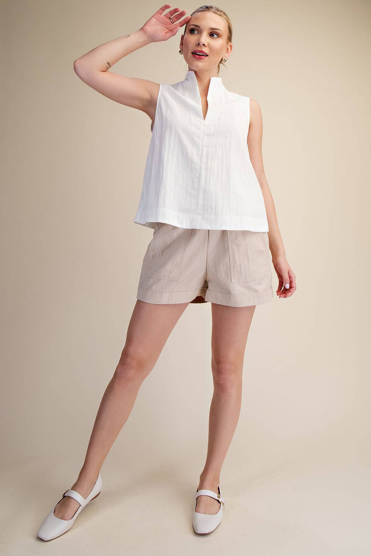Stand Collar Slit V-Neck Sleeveless Top