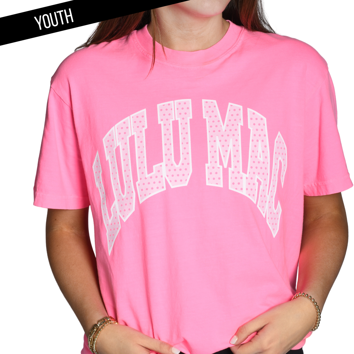 Lulu Mac Dot Neon Pink Youth Comfort Colors Tee