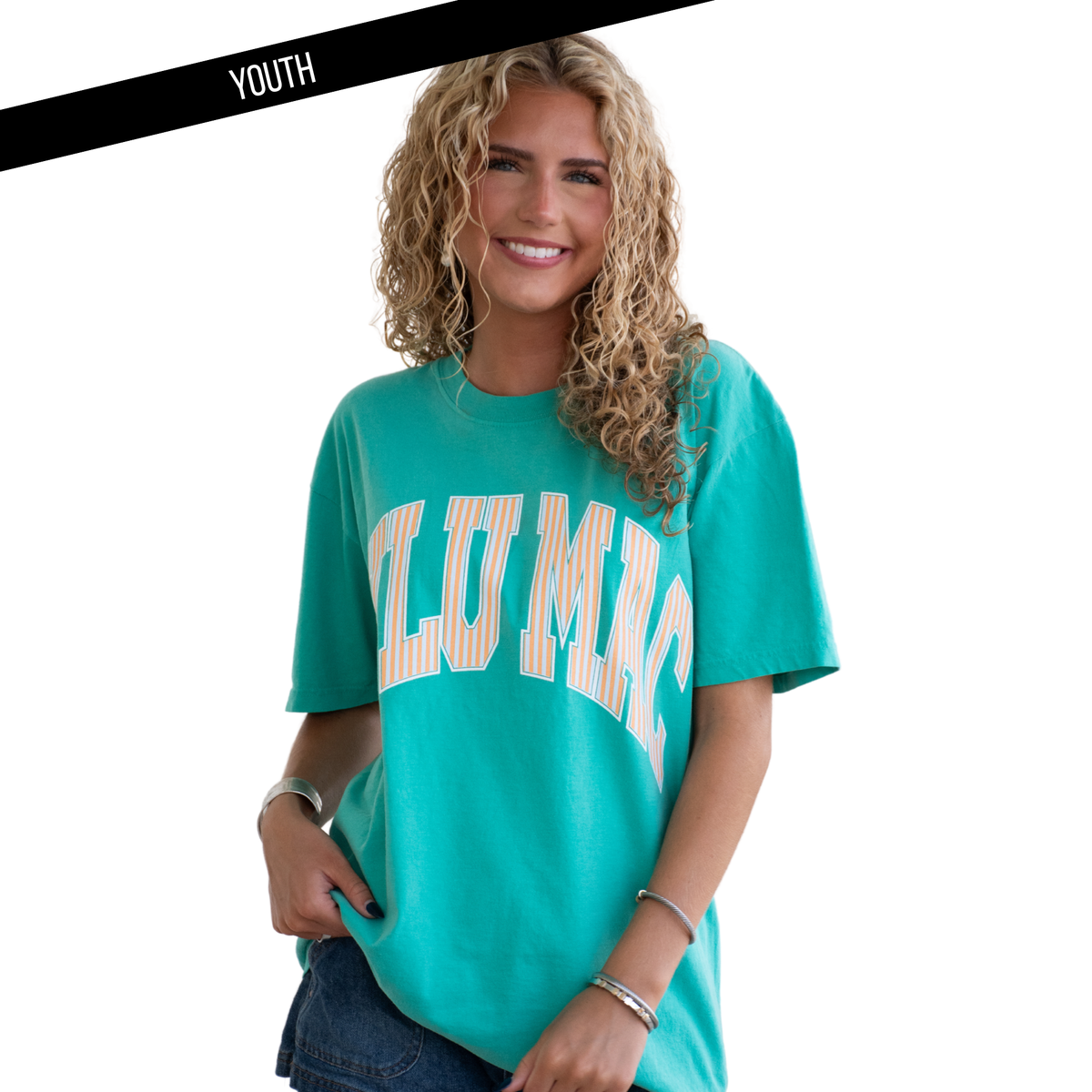 Lulu Mac Youth Stripe Cream Sickle Sky/Island Green Comfort Colors Tee