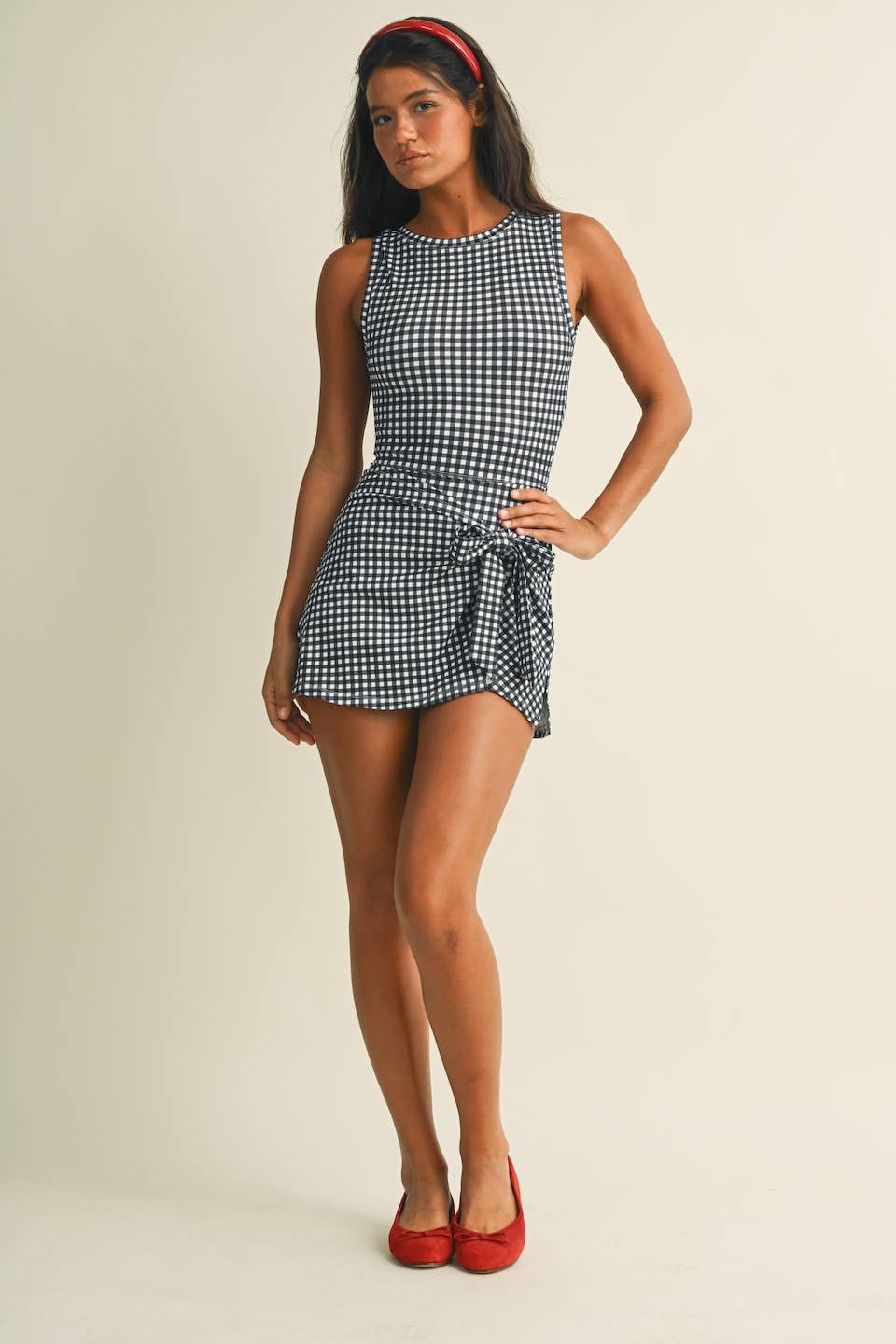 Gingham Print Sleeveless Wrap Tie Front Dress