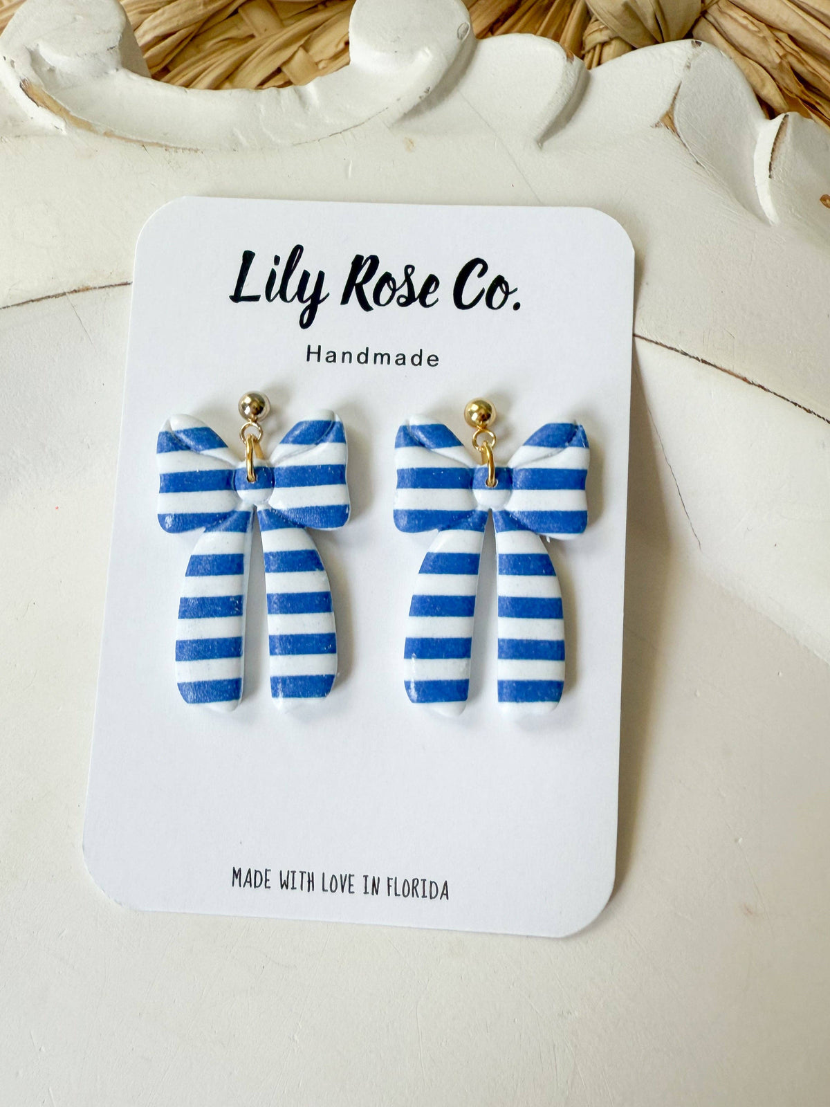 Blue Striped Bow Earrings/ Clay earrings / Women’s Earring