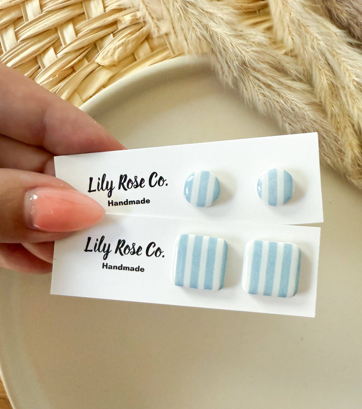 Square Blue stripped stud Earrings / Clay Earrings