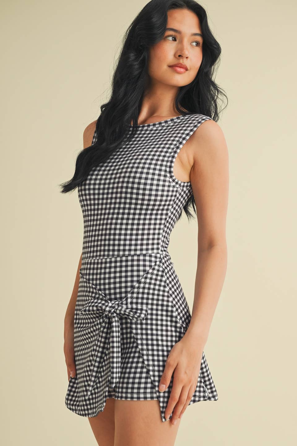 Black Gingham Print Sleeveless Wrap Tie Front Dress