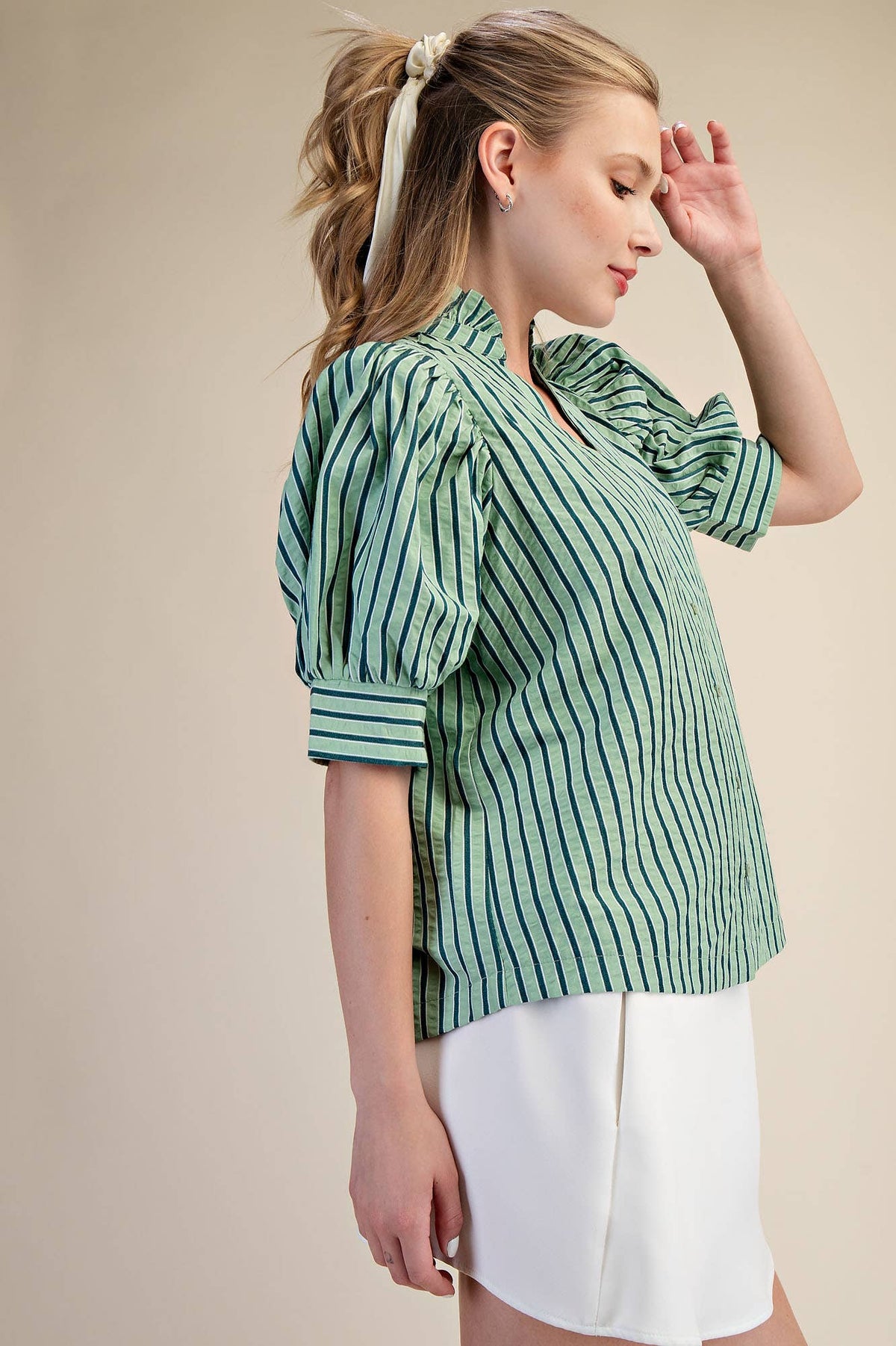 Ruffle V-neck Puff Sleeve Button Down Shirt