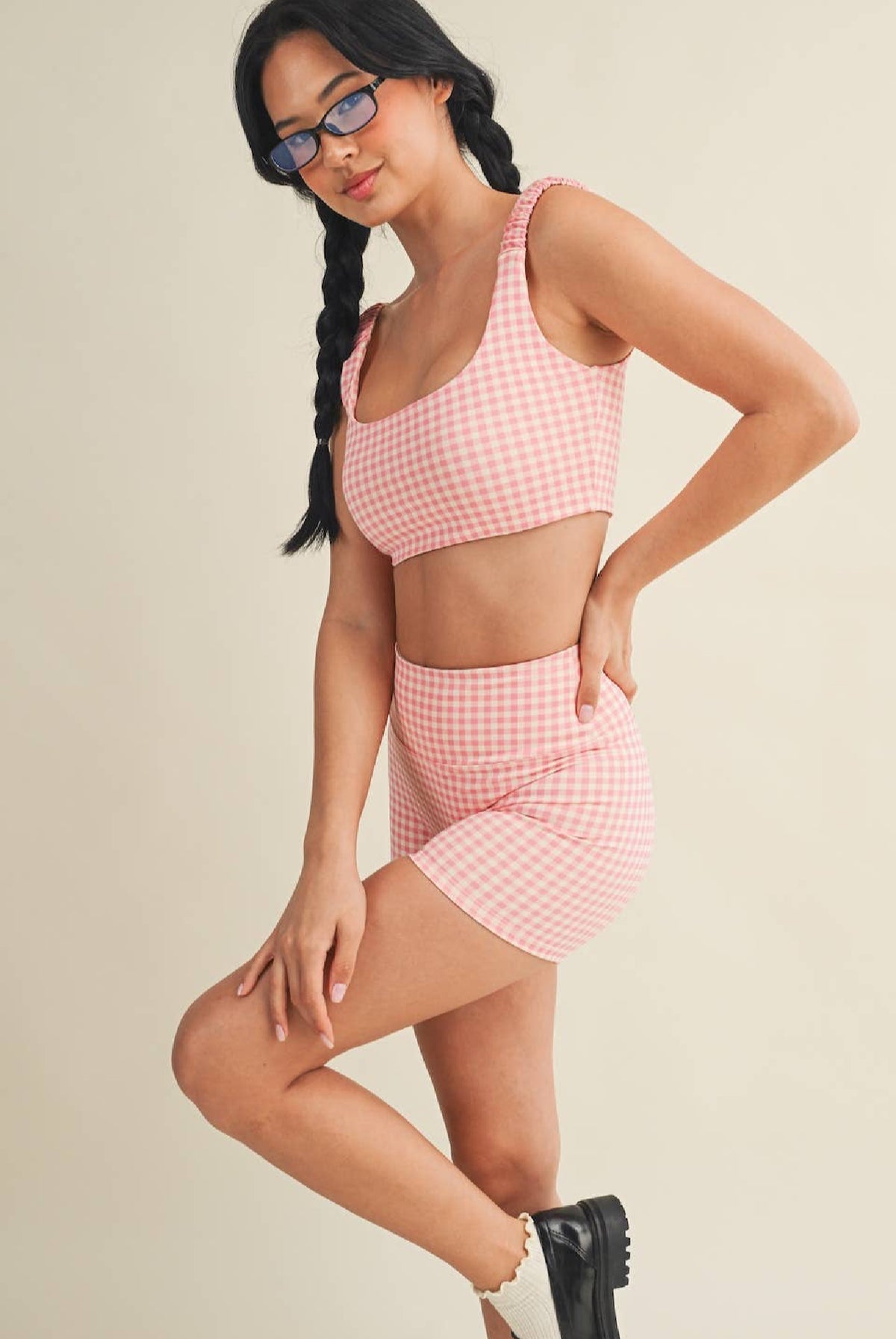 Hot Pink Gingham Print Ruched Bra Top (1/2 Set)