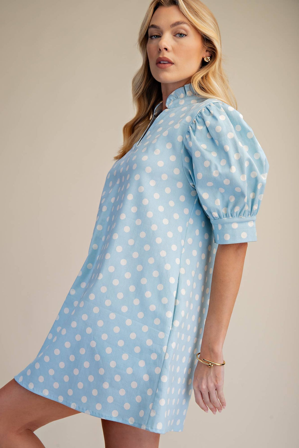 Ruffle V-Neck Puff Sleeve Polka Dot Mini Dress