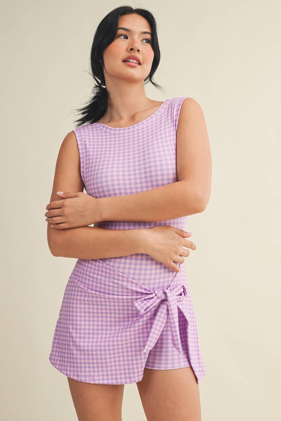 Purple Gingham Print Sleeveless Wrap Tie Front Dress