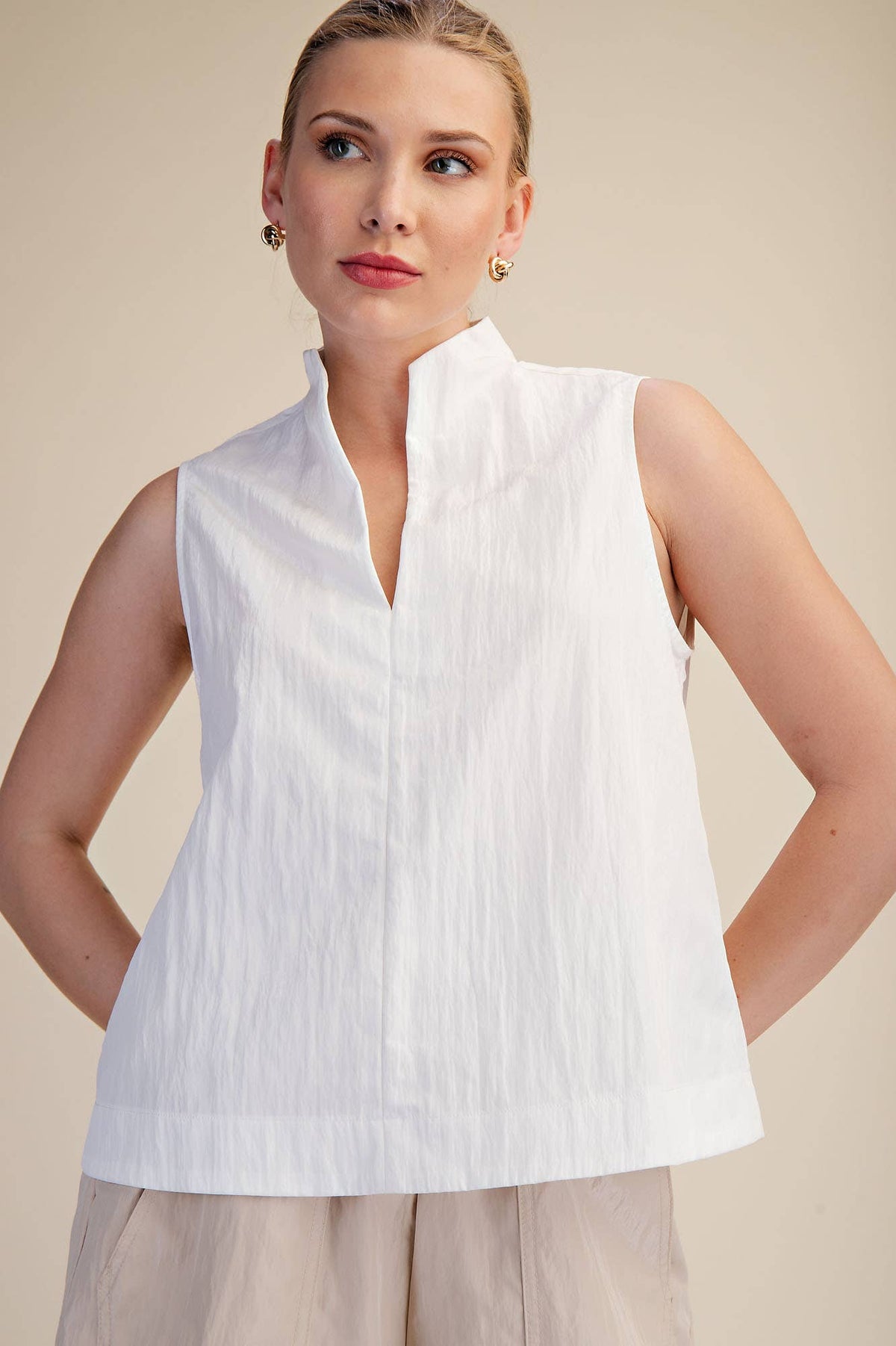 Stand Collar Slit V-Neck Sleeveless Top