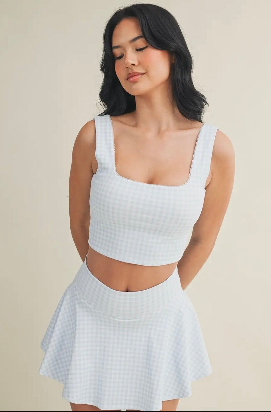 Blue Gingham Print Crop Tank with Lace Trim