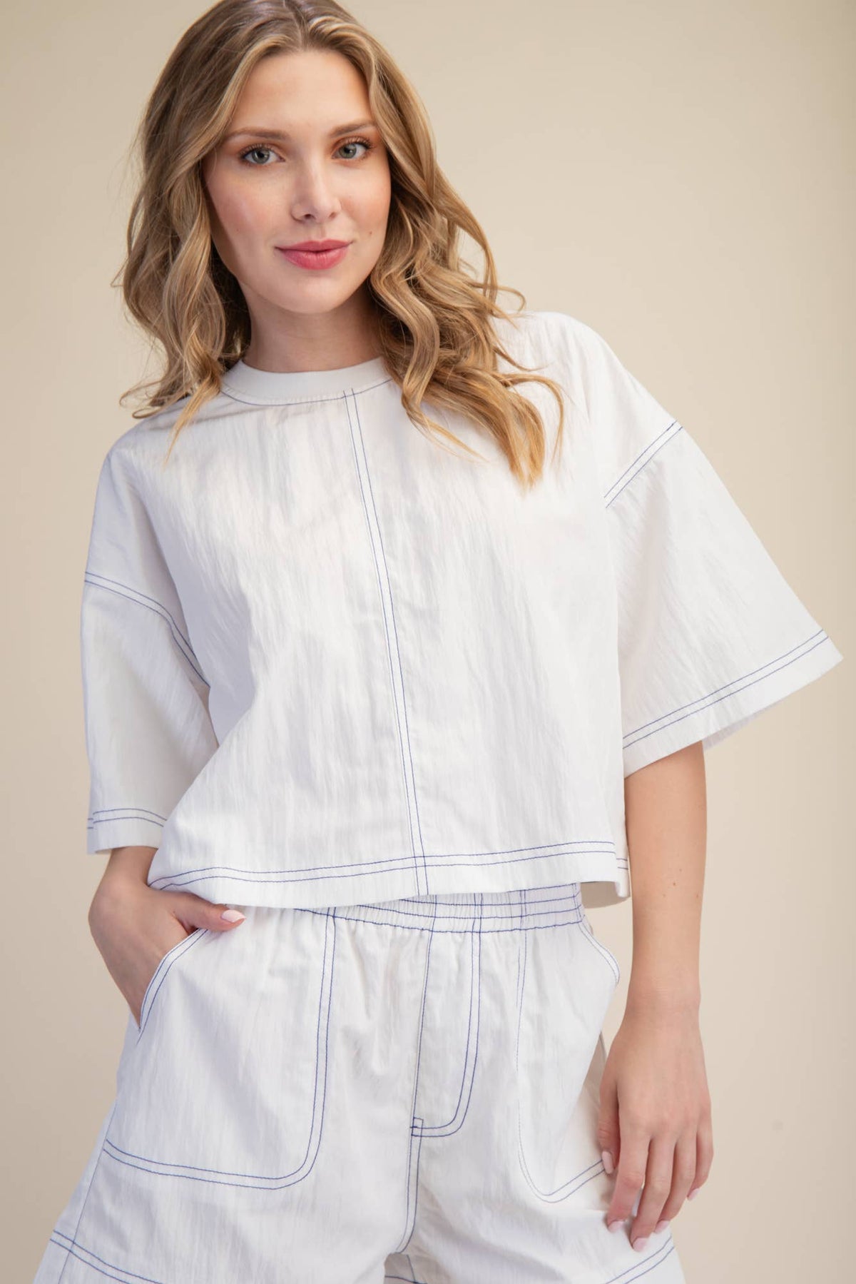 Round Neck Oversized Stitch Detail Crop Top