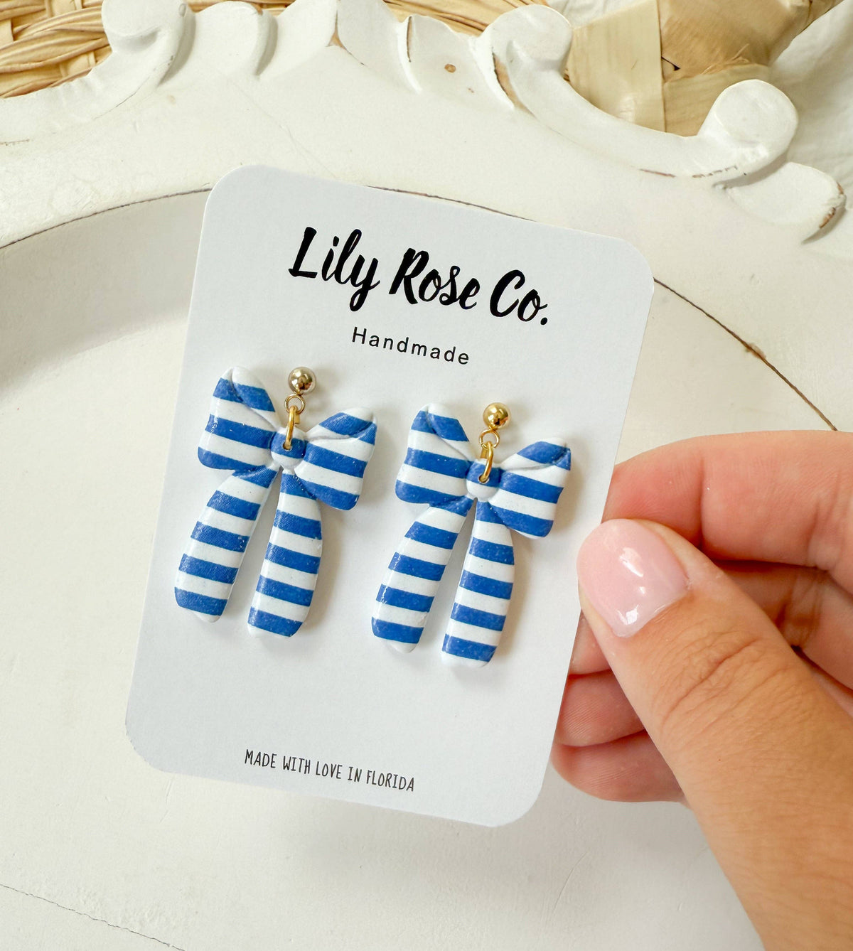 Blue Striped Bow Earrings/ Clay earrings / Women’s Earring