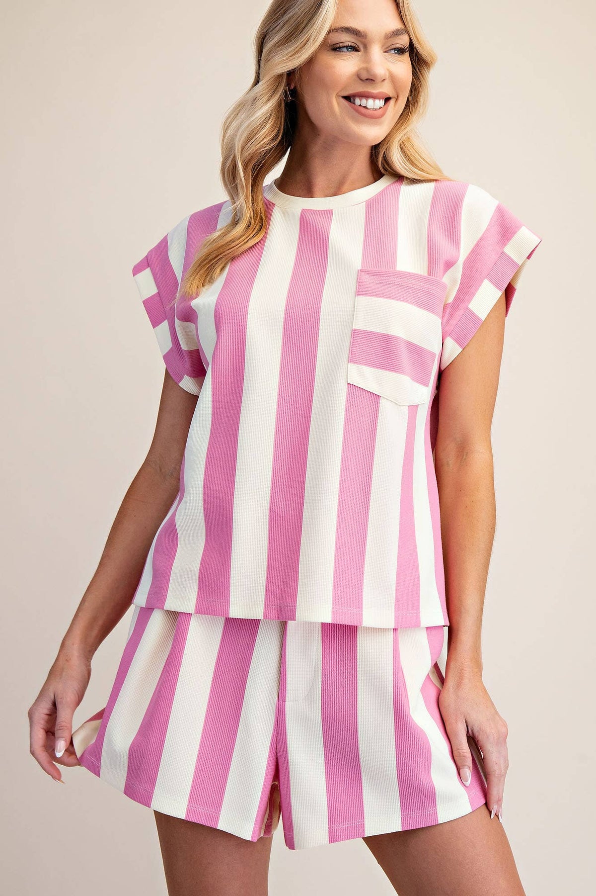 Pink Round Neck Pocket Stripe Top (1/2 Set)