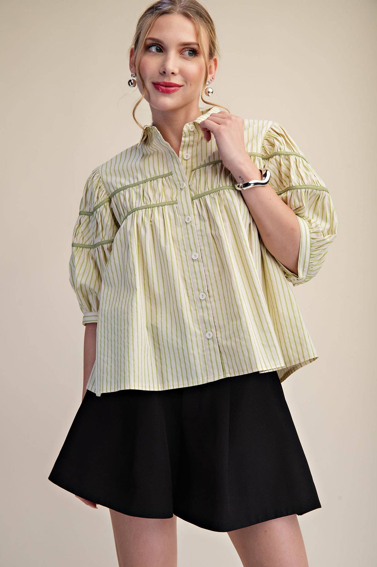 Puff Sleeve Contrast Detail Stripe Shirt Top
