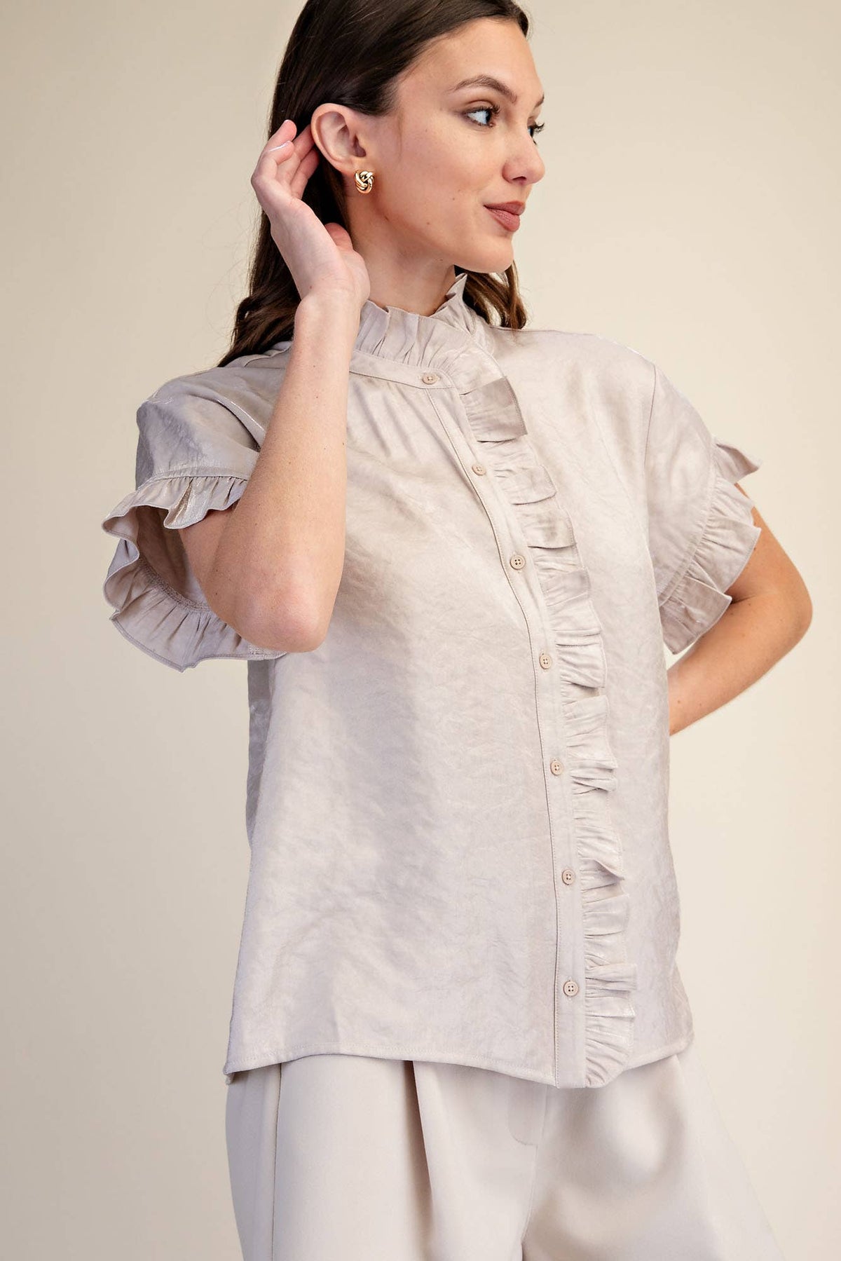 Ruffle Shirt Glitter Fabric Button Down Short Sleeve