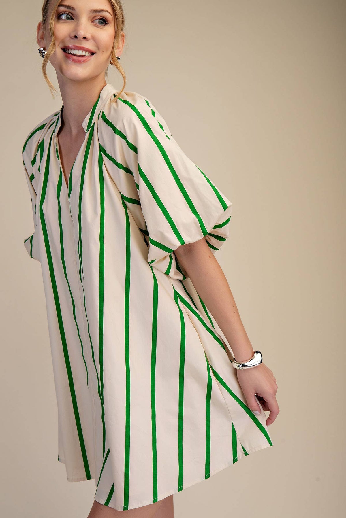 Puff-Sleeve Stripe Mini Shift Dress