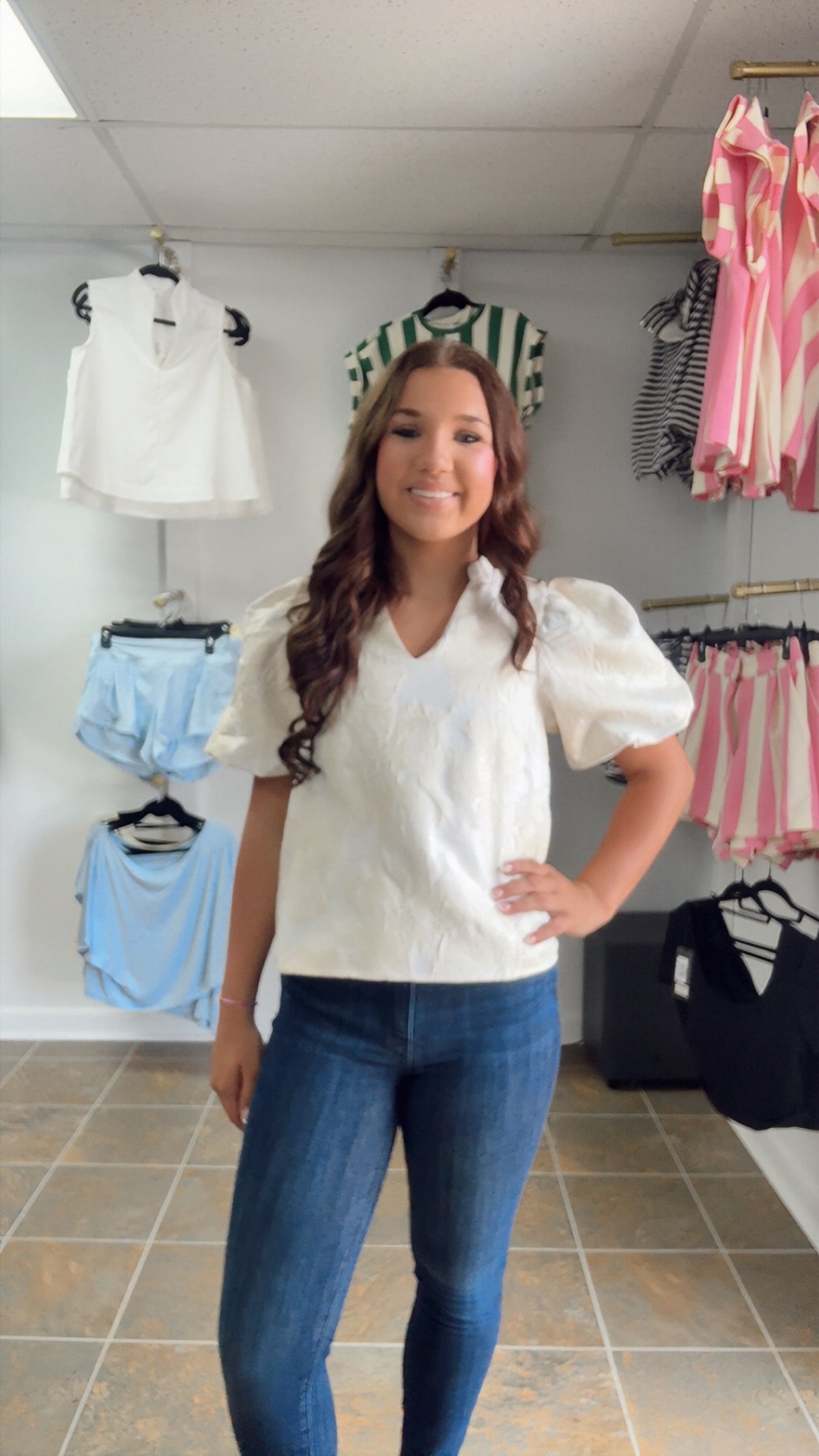 V-Neck Puff Sleeve Jacquard Top