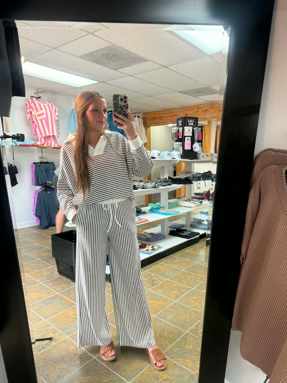 Striped split neck top and pant set