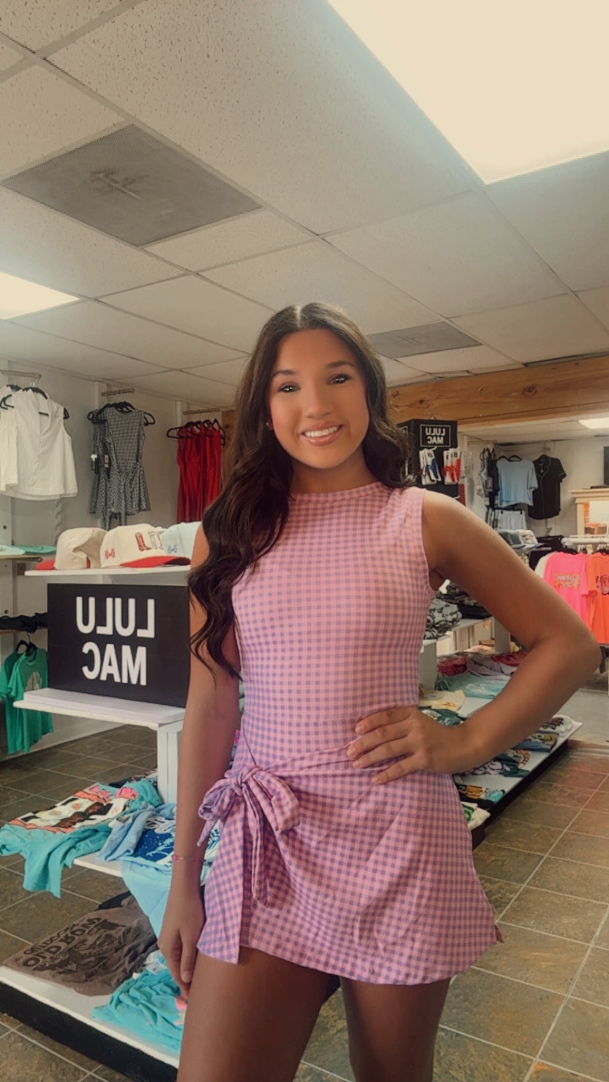 Purple Gingham Print Sleeveless Wrap Tie Front Dress