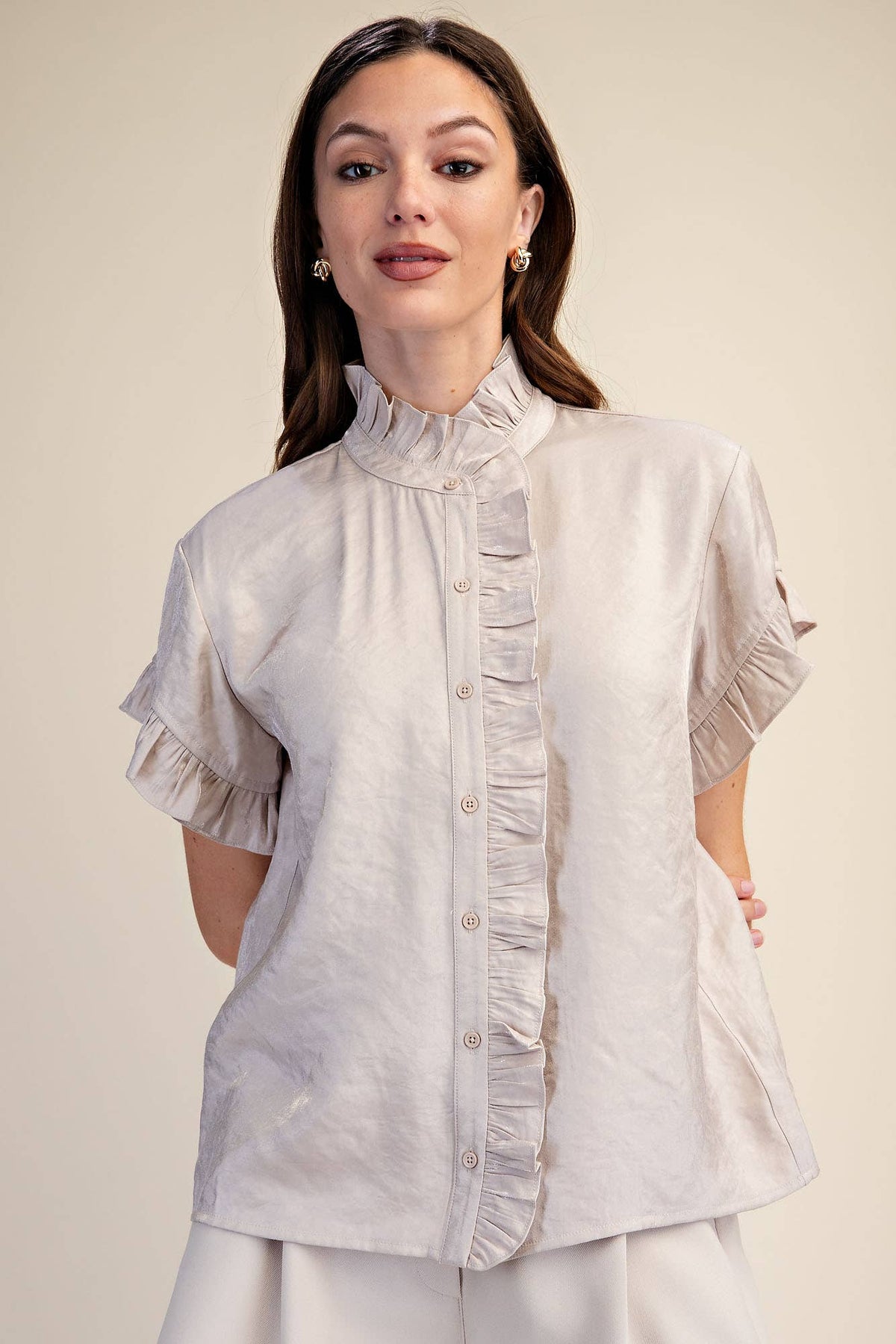 Ruffle Shirt Glitter Fabric Button Down Short Sleeve