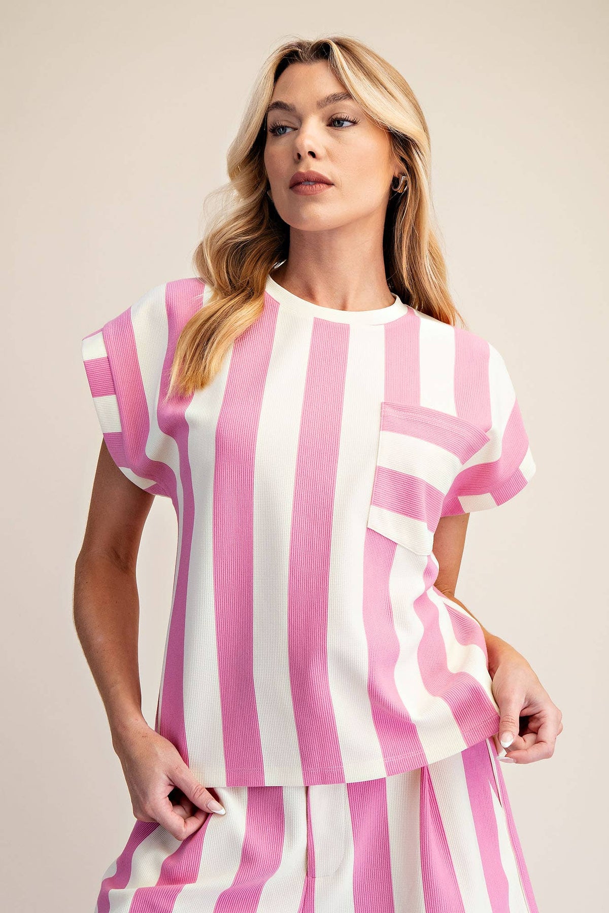 Pink Round Neck Pocket Stripe Top (1/2 Set)