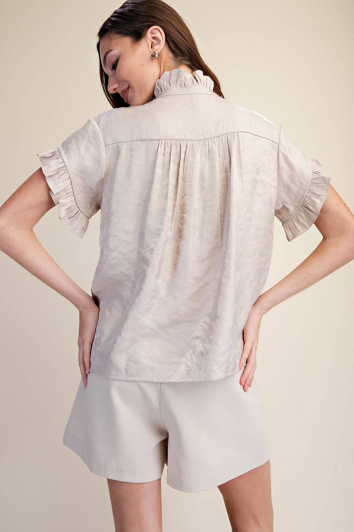 Ruffle Shirt Glitter Fabric Button Down Short Sleeve