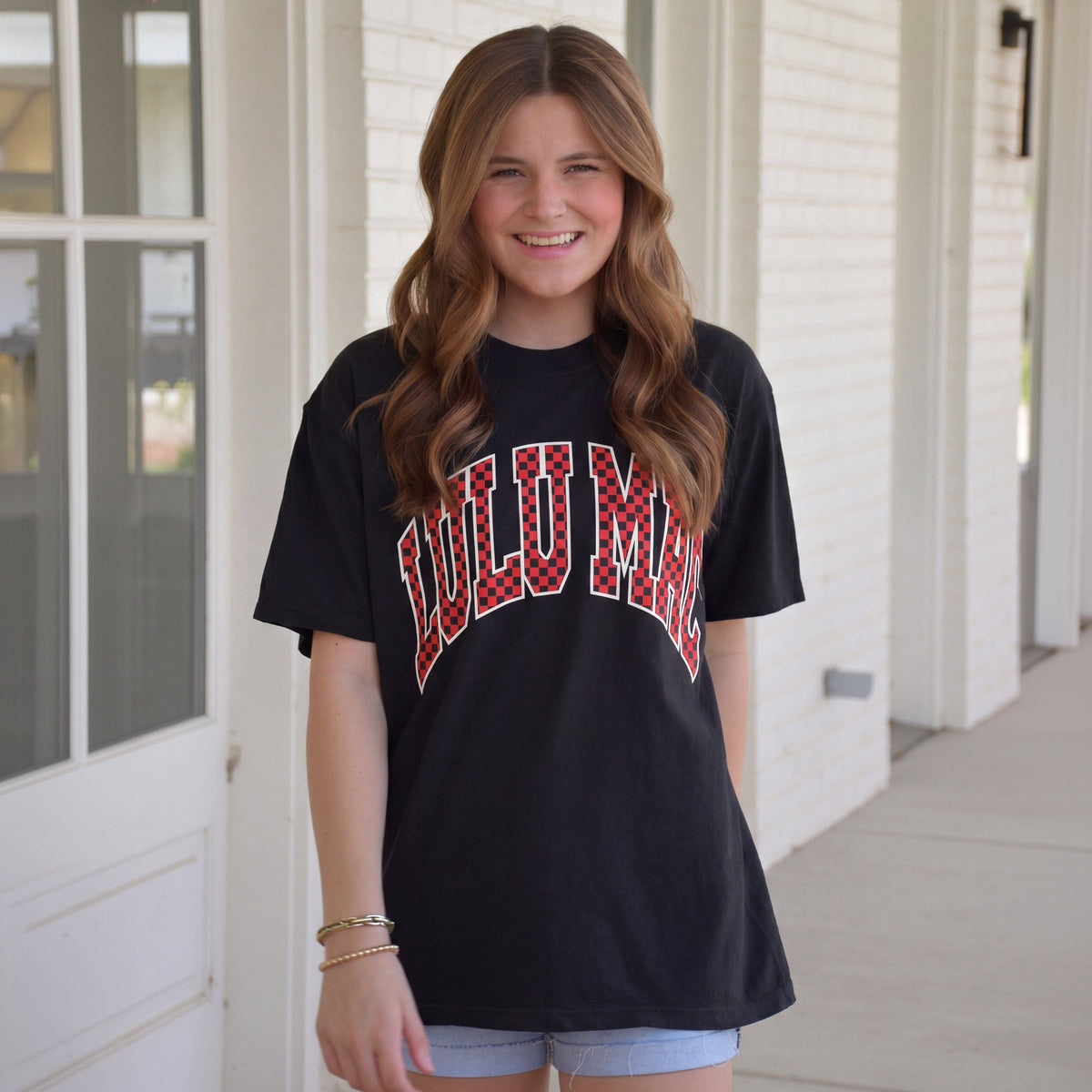 Lulu Mac Team Red/Black Checkered Adult Black Comfort Colors Tee