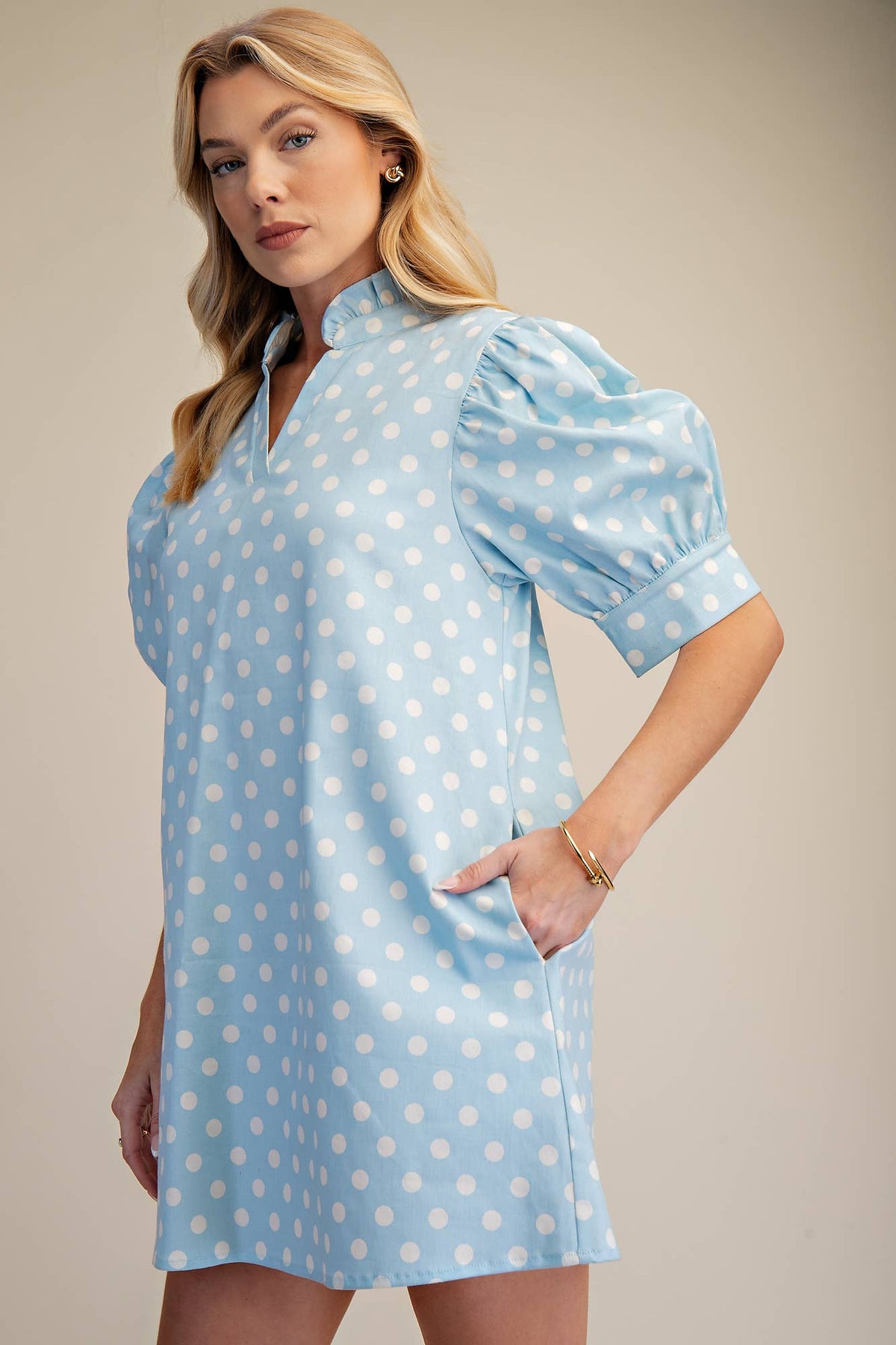 Ruffle V-Neck Puff Sleeve Polka Dot Mini Dress