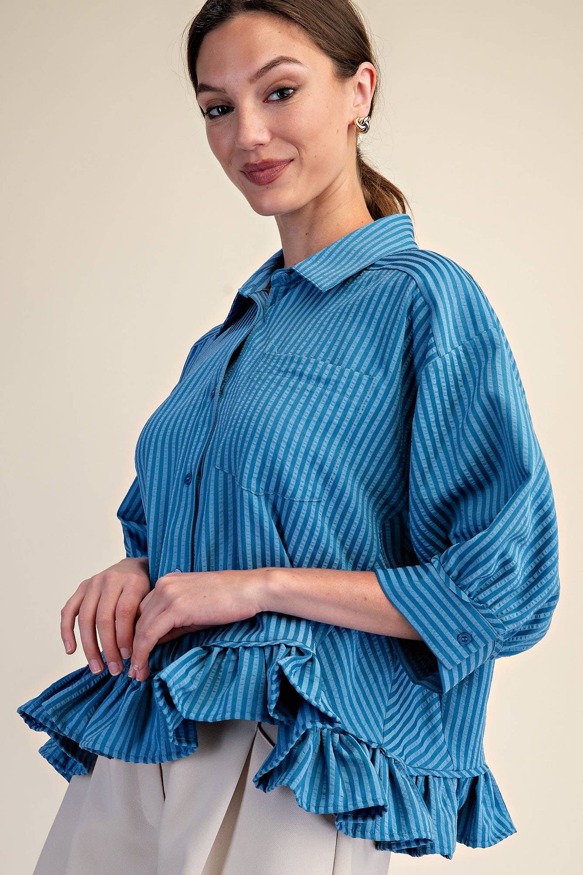 Ruffle Shirt With Collar Neck Button Down