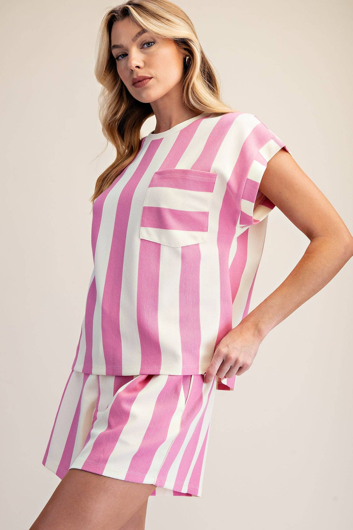 Pink Round Neck Pocket Stripe Top (1/2 Set)