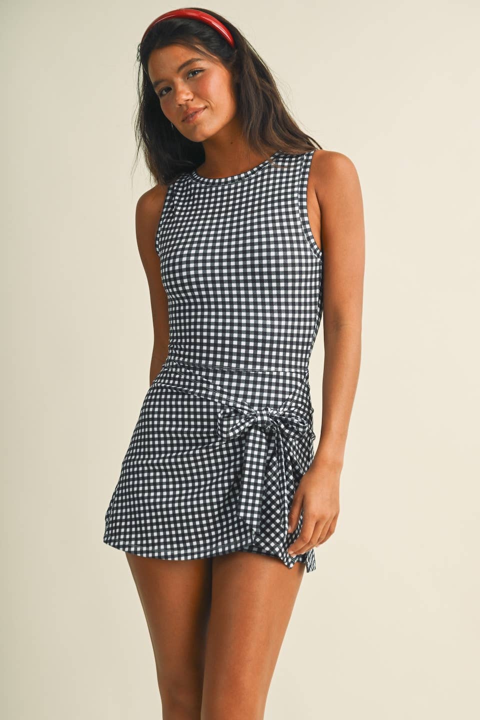 Gingham Print Sleeveless Wrap Tie Front Dress