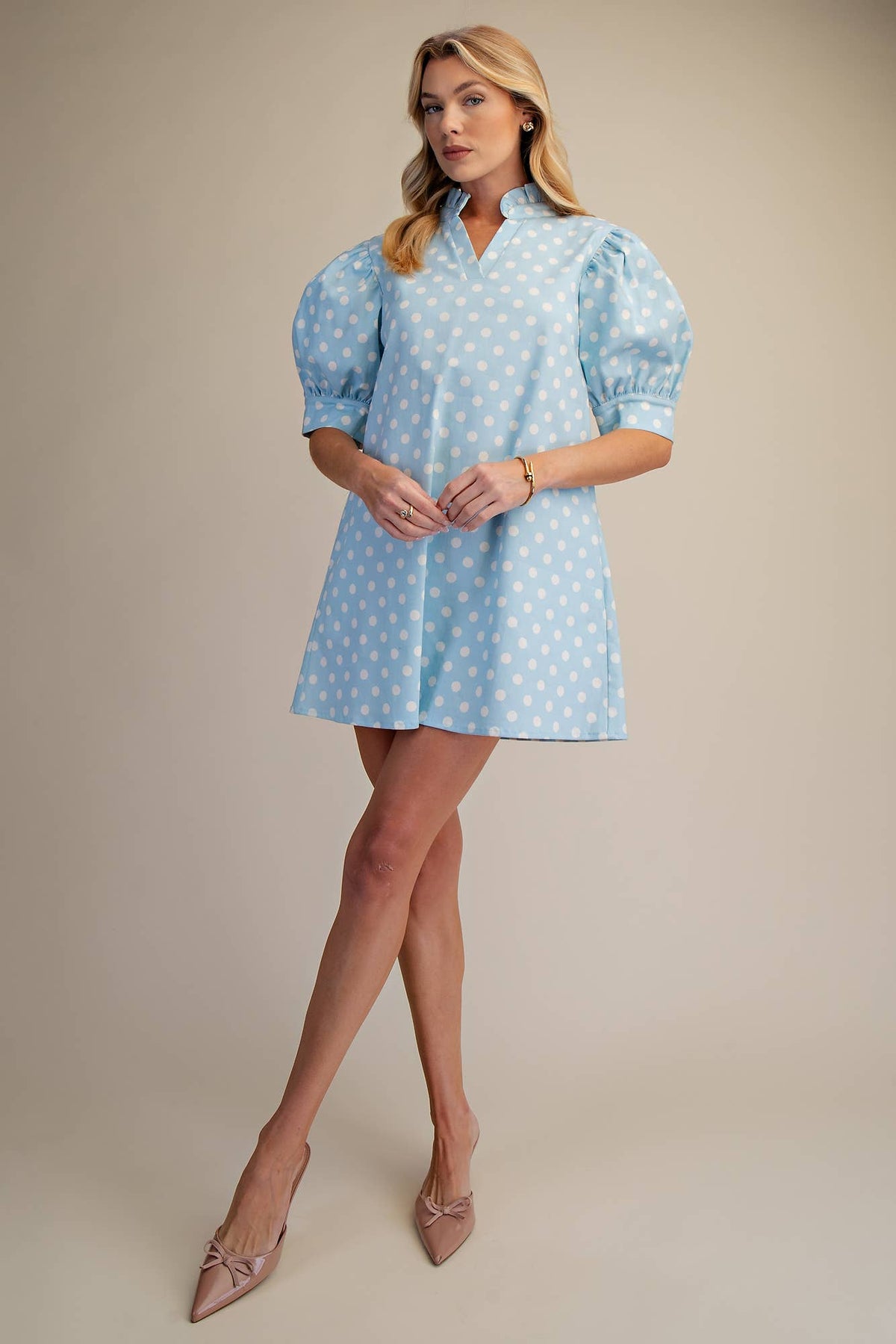 Ruffle V-Neck Puff Sleeve Polka Dot Mini Dress
