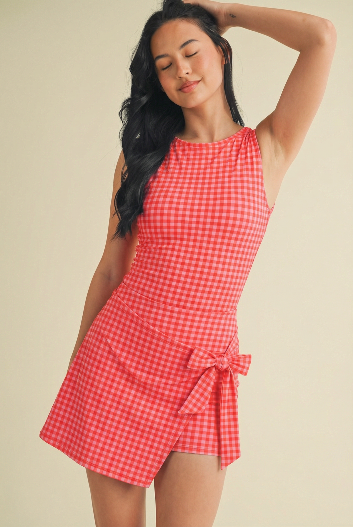 Hot Pink Gingham Print Sleeveless Wrap Tie Front Dress