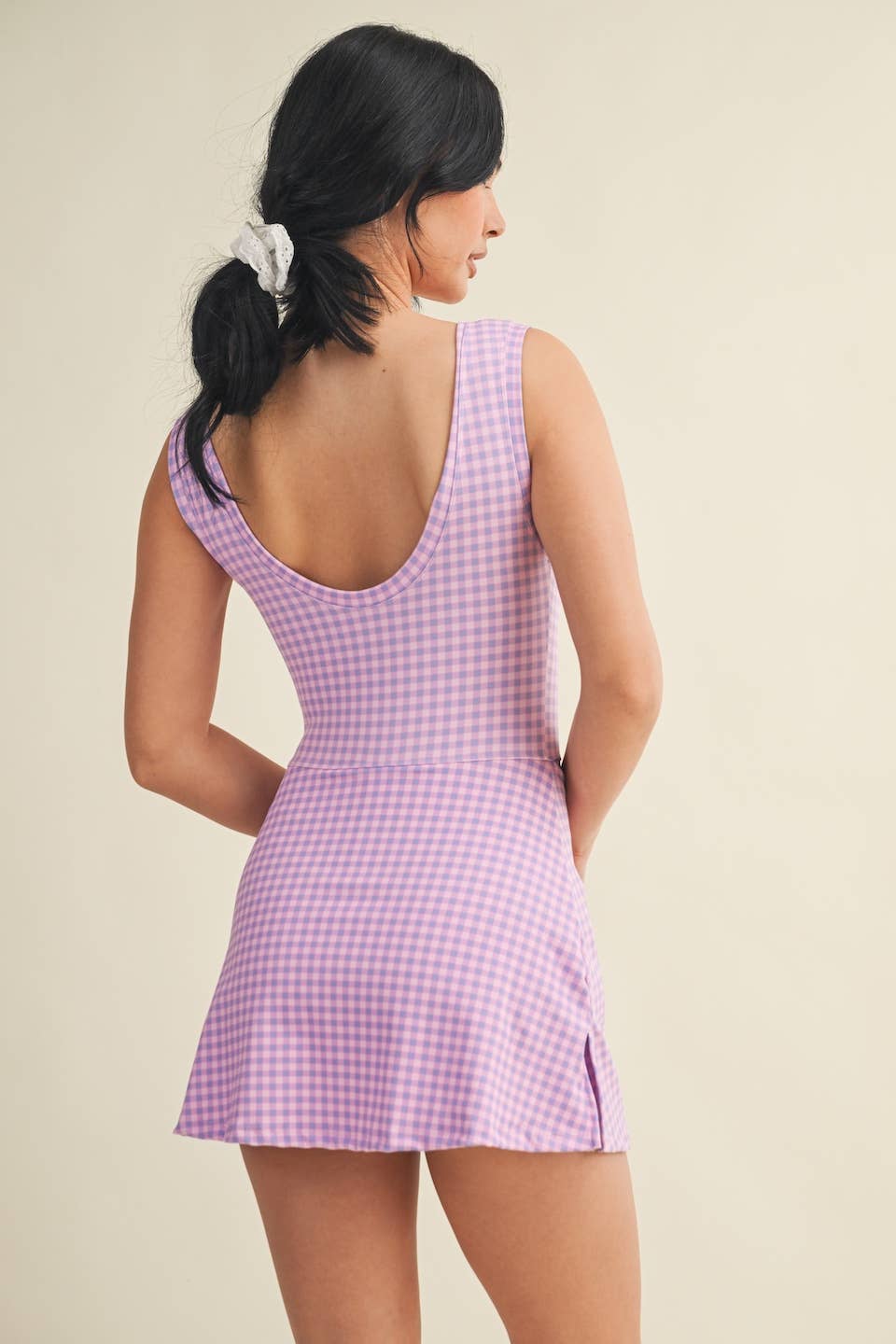 Purple Gingham Print Sleeveless Wrap Tie Front Dress