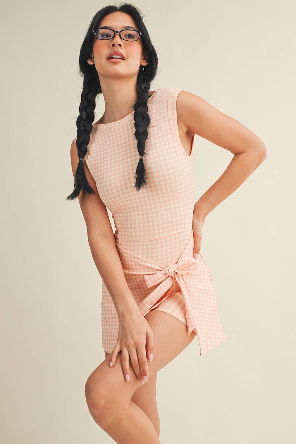 Peach Gingham Print Sleeveless Wrap Tie Front Dress