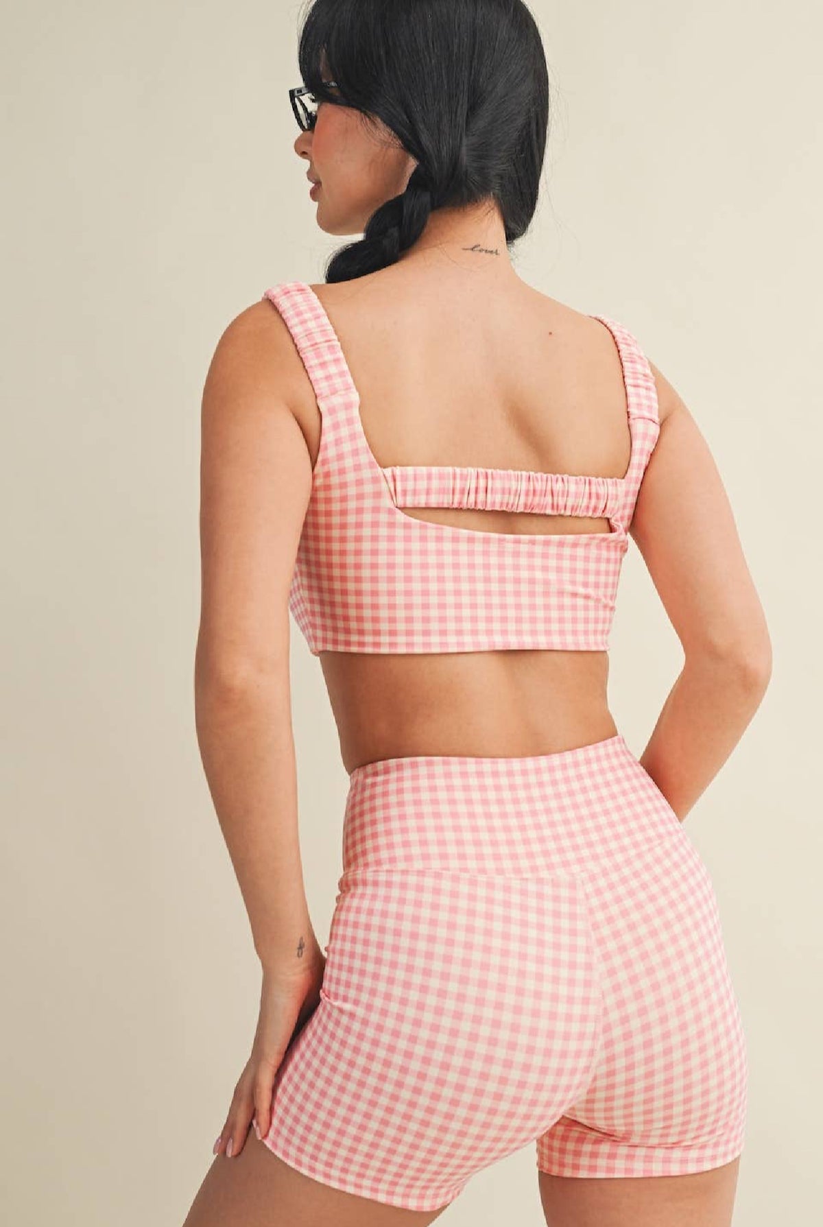 Hot Pink Gingham Print Ruched Bra Top (1/2 Set)