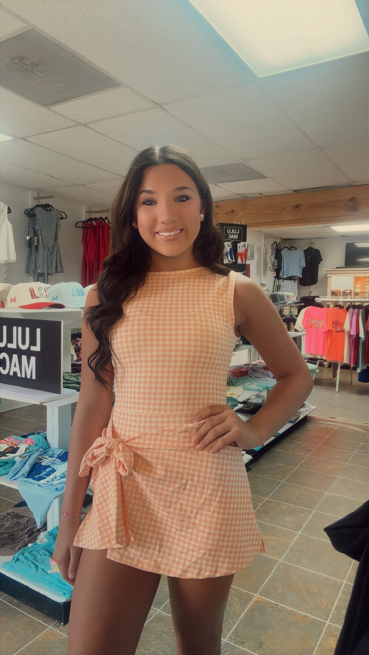 Peach Gingham Print Sleeveless Wrap Tie Front Dress