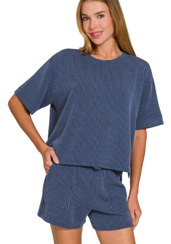 Navy Short Sleeve Ribbed Set