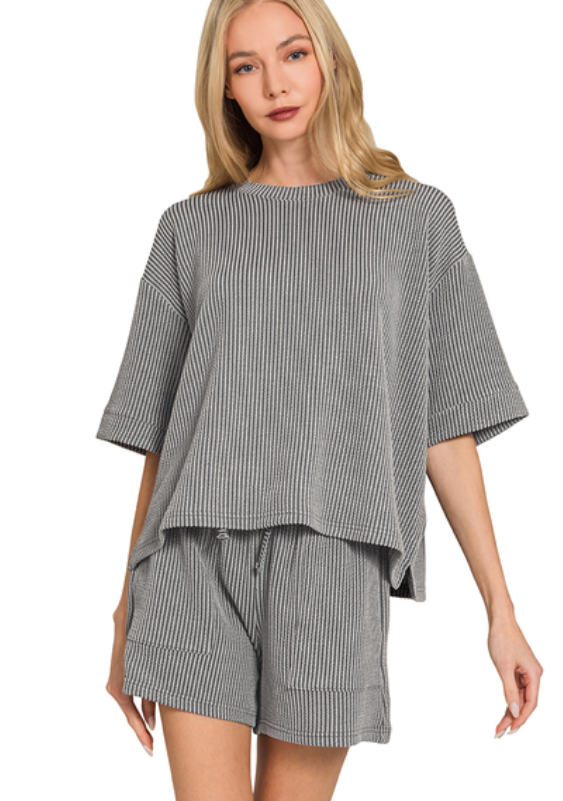 Dark Grey Short Sleeve Ribbed Set