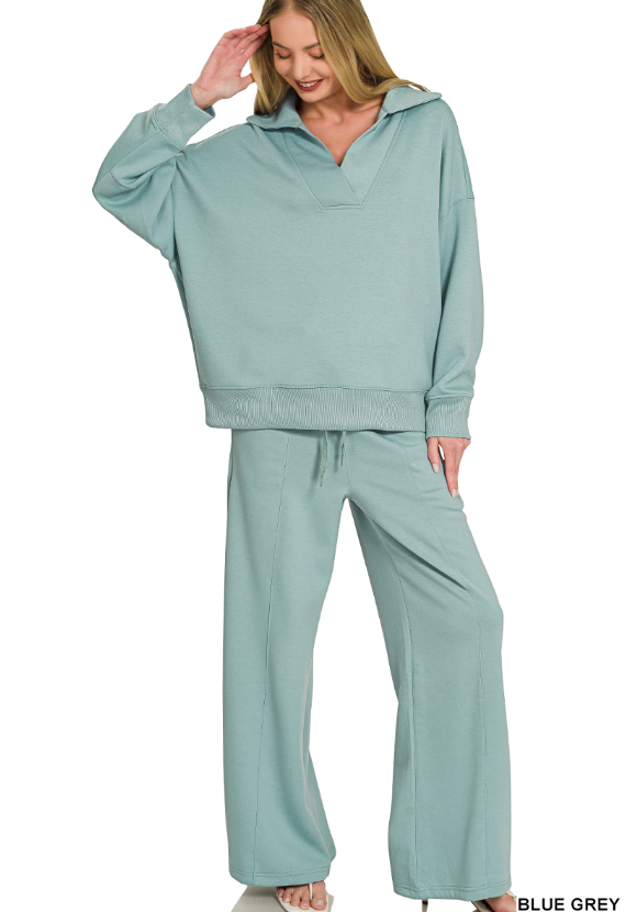Blue Grey split neck top with pant set