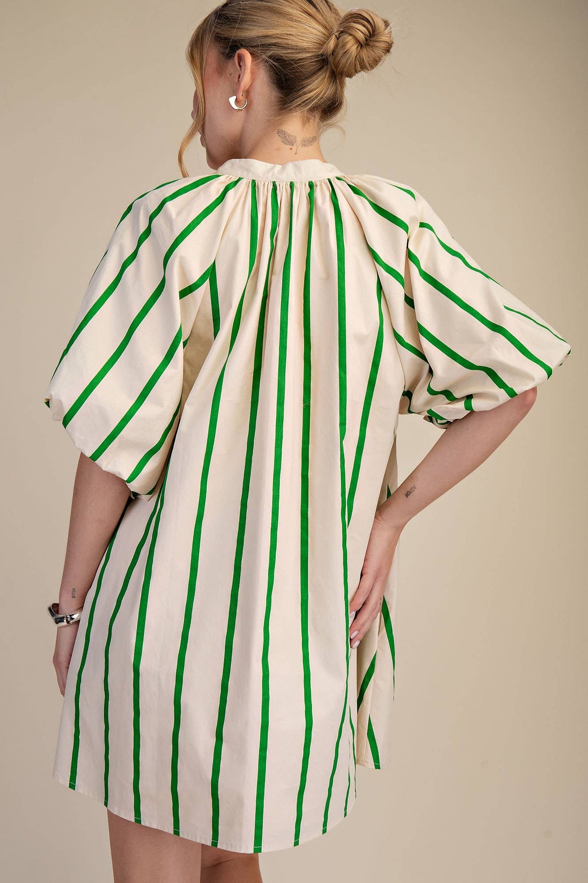 Puff-Sleeve Stripe Mini Shift Dress