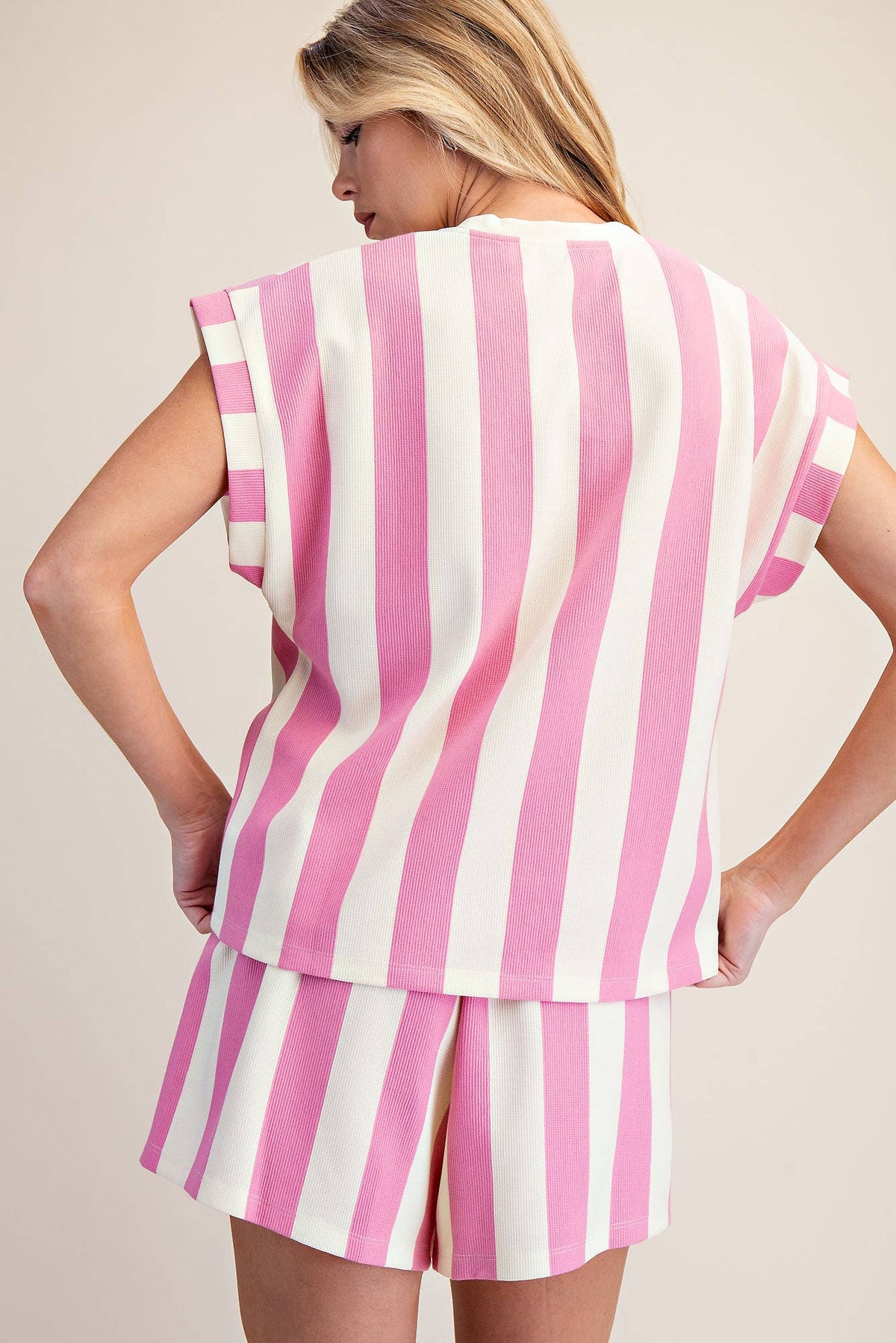 Pink Round Neck Pocket Stripe Top (1/2 Set)